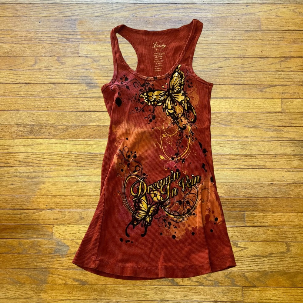Timing Womens Y2K Butterfly Graphic Ribbed Racerback Tank Top Orange Large